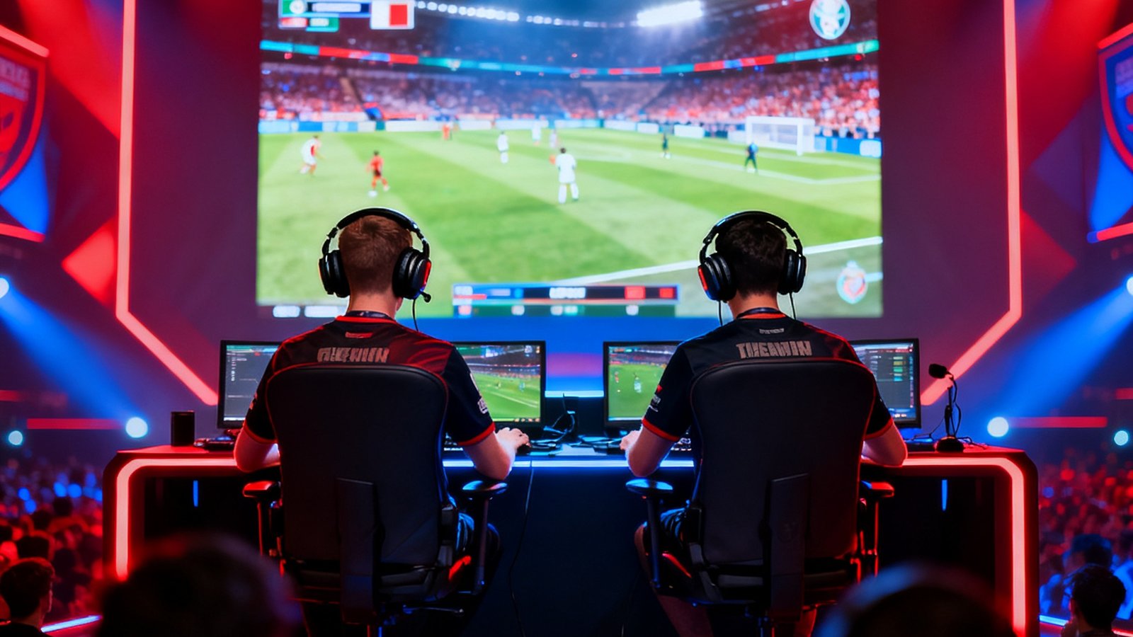 2025年夏季FIFA Online联赛决赛现场，两名选手戴着专业耳机坐在舞台中央比赛，背后大屏幕实时显示比赛画面，现场灯光效果炫目