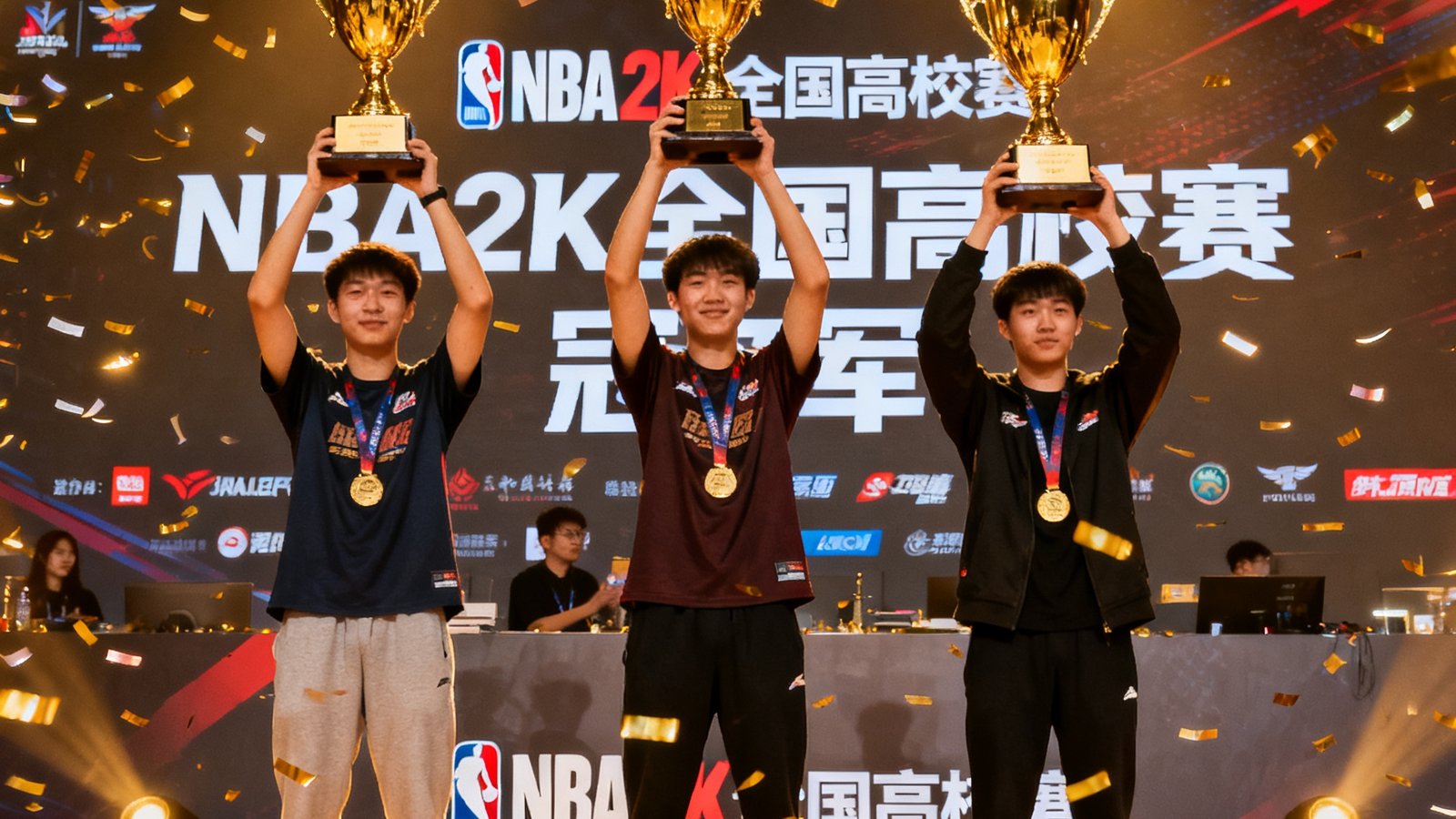NBA2K全国高校赛颁奖典礼现场，冠军队伍的三名大学生选手高举金色奖杯，身后是赛事赞助商品牌背景板，现场彩带飘落