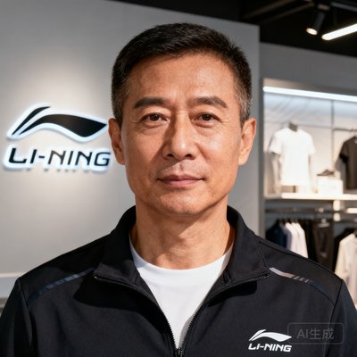李宁品牌合作代表头像，中年男性，穿着运动休闲装，背景为品牌展示区